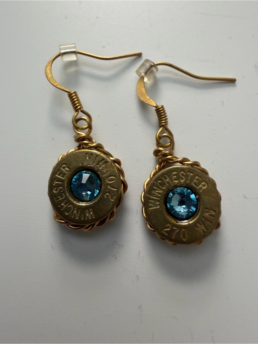 Handcrafted Blue Crystal Winchester .270 Casing Dangle Earrings